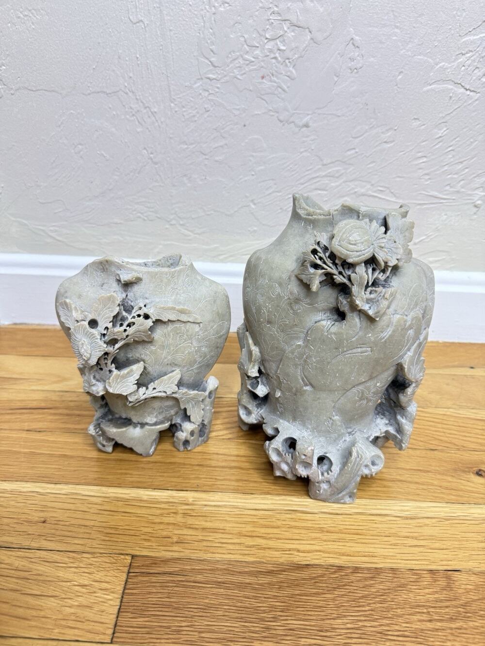 Vintage Chinese Soapstone Finely Hand-carved Floral Vase Set Of 2